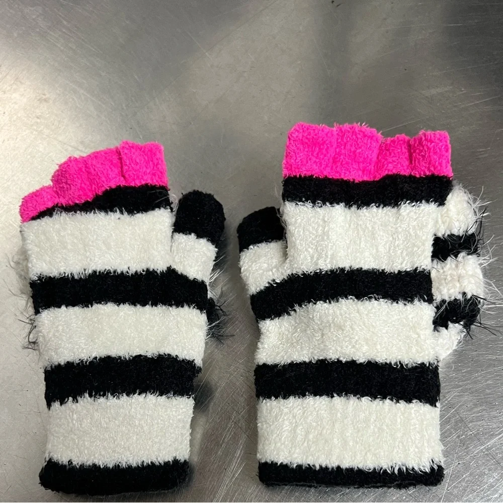 Lot of 2 Justice Orange Scarf & Black White Striped Emoji Mittens One Size VGUC
